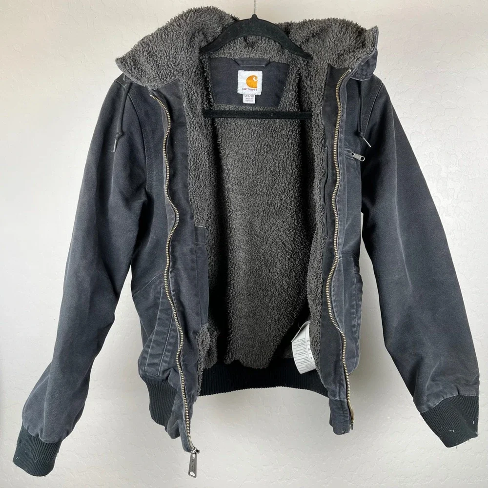 Carhartt 100815001 Womens Hooded Jacket Sherpa Lined Black Work Coat Size M 8/10 - Picture 3 of 10